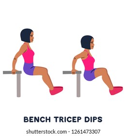 Chair. Bench triceps dips. Sport exersice. Silhouettes of woman doing exercise. Workout, training Vector illustration