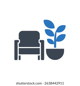 A chair beside a plant in a round pot.
