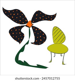 Chair and big flower vector illustration. Isolated home design elements on white background