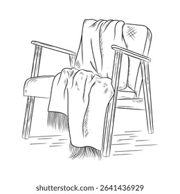 chair with blanket illustration hand draw style in vintage engraved sketch outline style.