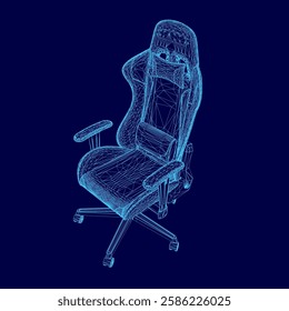 A chair with a blue seat and back is shown in a blue background. The chair is designed to be comfortable and ergonomic, with a focus on the user's posture and support. The blue color of the chair