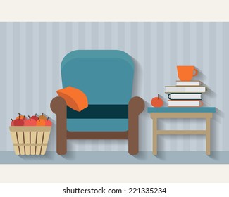 Chair, books and apples. Cabinet with furniture and long shadows. Flat style vector illustration.