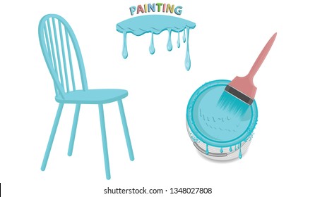Chair and a can with blue paint, brush - icon Painting with flowing drops - isolated on white background - vector.