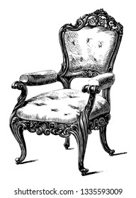 Chair carved from locust wood has fine inclined legs and carving around the center seat, top and bottom of backrest, vintage line drawing or engraving illustration