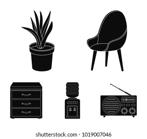 A chair with a comfortable back, an aloe flower in a pot, an apparatus with clean water, a cabinet for office papers. Office Furniture set collection icons in black style vector symbol stock