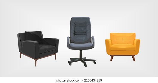 Chair comfortable furniture armchair and seat pouf design in furnished apartment interior.  Vector realistic illustration set of business office-chair or easy-chair isolated on white background. - Shutterstock ID 2158434259