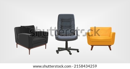 Chair comfortable furniture armchair and seat pouf design in furnished apartment interior.  Vector realistic illustration set of business office-chair or easy-chair isolated on white background.