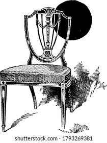 Silla con cojín y elegante espalda diseñada por Thomas Sheraton, dibujo vintage de líneas o ilustración de grabado.