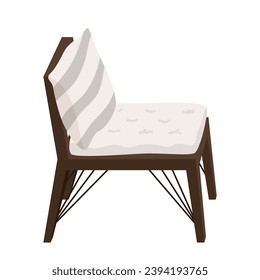 Chair with cushions on seat vector illustration. Cartoon isolated outdoor garden, patio or terrace comfortable furniture, modern armchair with soft pillows for home kitchen or living room interior