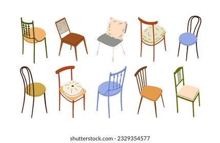 Diseño de sillas de estilo moderno. Cómodos muebles caseros a la moda. Sillones cómodos, acolchados y sólidos, con respaldos, rieles, cojines, tapicería. Ilustraciones vectoriales planas aisladas en fondo blanco