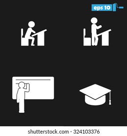 chair, desk, cap and people icon 