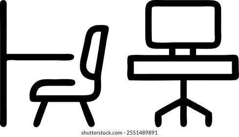 Chair and desk with Comfortable Workspace text in a border frame with copy space concept as Camera movement Pan across the chair and desk focusing on the text. Scene Comfortable an