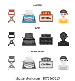 Chair of the director, typewriter, cinematographic signboard, film-man. Films and cinema set collection icons in cartoon,black,monochrome style vector symbol stock illustration web.