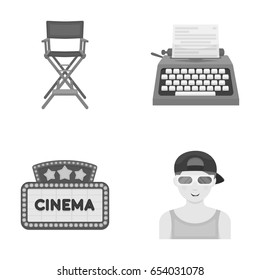 Chair of the director, typewriter, cinematographic signboard, film-man. Films and cinema set collection icons in monochrome style vector symbol stock illustration web.