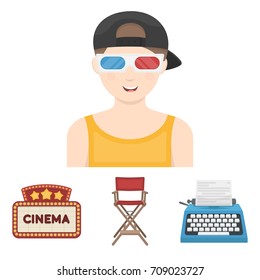 Chair of the director, typewriter, cinematographic signboard, film-man. Films and cinema set collection icons in cartoon style vector symbol stock illustration web.