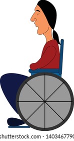 A chair of disabled carriage with a disabled women in it , vector, color drawing or illustration.