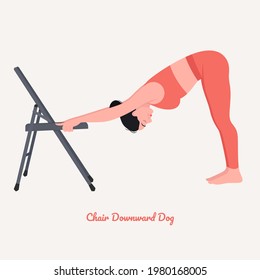 Chair Downward Dog Yoga pose. Young woman practicing yoga  exercise. Woman workout fitness, aerobic and exercises. Vector Illustration.