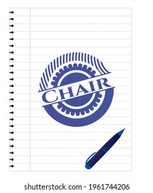 Chair emblem draw with pen effect. Blue ink. Vector Illustration. Detailed. 
