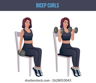 chair exercise,Bicep Curls.Personal trainer guiding woman at the gym.		