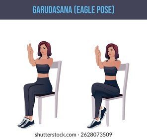 chair exercise,Garudasana ,Eagle Pose.Personal trainer guiding woman at the gym.		

