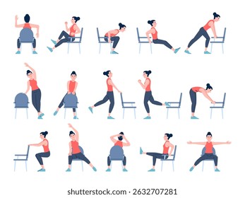 Chair exercises. Woman character shows yoga pilates stretching workout for office workers and sedentary lifestyle people. Simple fitness recent vector set