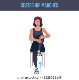 chair exercise,Seated Hip Marches.Personal trainer guiding woman at the gym.