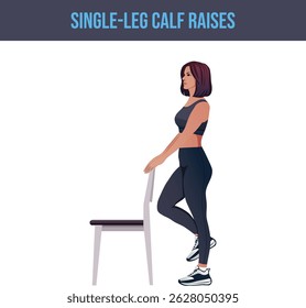 chair exercise,Single-Leg Calf Raises.Personal trainer guiding woman at the gym.	