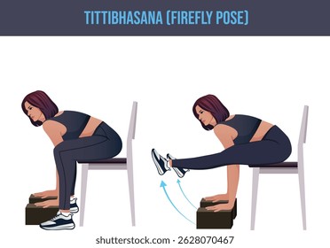 chair exercise,Tittibhasana ,Firefly Pose.Personal trainer guiding woman at the gym.