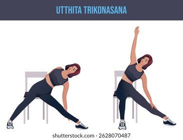 chair exercise,Utthita Trikonasana.ersonal trainer guiding woman at the gym.