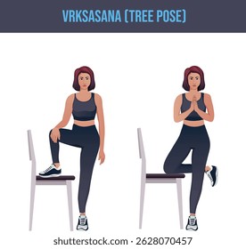exercice de chaise, Vrksasana, Pose d'arbre.Entraîneur personnel guidant la femme à la salle de gym.