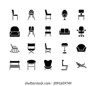 Chair flat line icons set. Home and office interior elements -furniture, seat, armchair, sofa, settee. Simple flat vector illustration for web site or mobile app.