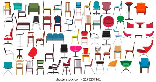 Chair furniture design and armchair seat office interior icon. Home object isolated vector illustration and room symbol style decoration set. Indoor equipment stool and cartoon sitting for apartment