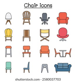 Chair and Furniture icon set in color line style