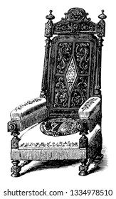 Chair is gift to queen of England with low lying cushioned seat and beautiful carving on long backrest, vintage line drawing or engraving illustration
