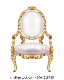 Chair gold ornamented Vector watercolor. Baroque rich wooden carves decor. Victorian luxury furniture. Painted style