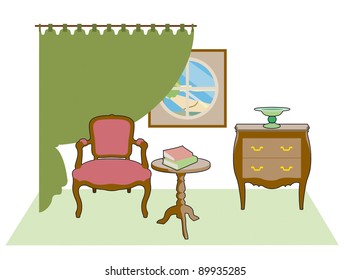 Chair, and green curtains