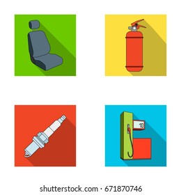 Chair with headrest, fire extinguisher, car candle, petrol station, Car set collection icons in flat style vector symbol stock illustration web.