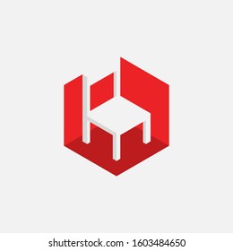 chair home furniture - interior logo design vector with 3d perspective hexagonal room.