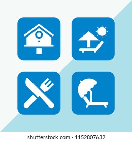chair icon. 4 chair set with parasol and deck chair under summer sun, sun umbrella and deck chair, furniture and household and restaurant vector icons for web and mobile app