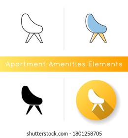 Chair icon. Armchair for home interior. Contemporary living room furniture. Apartment amenities, furnishing for home. Linear black and RGB color styles. Isolated vector illustrations