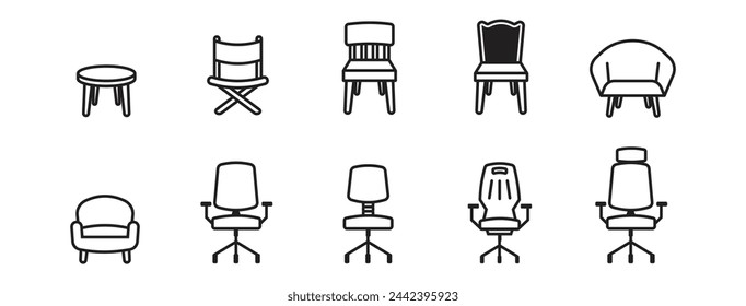 chair icon bundle, furniture, wooden chair, round sofa, office and gaming chair outline 