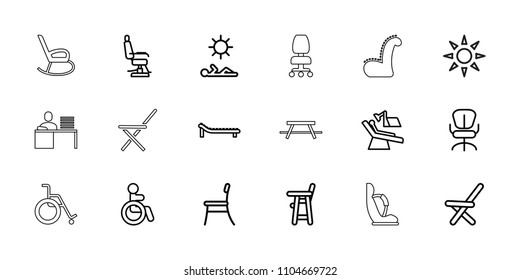 Chair icon. collection of 18 chair outline icons such as disabled, sunbed, man laying in sun, baby seat in car, table. editable chair icons for web and mobile.