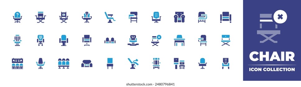 Kollektion des Stuhlsymbols. Zweitonfarbe. Vektorillustration. Enthaltender Schreibtischstuhl, Friseurstuhl, Friseurstuhl, Direktorenstuhl, Stuhl, Stellung, Wartezimmer, Stufe.