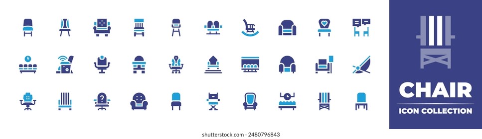 Chair icon collection. Duotone color. Vector illustration. Containing massagechair, chair, barberchair, gamingchair, beachchair, officechair, armchair, waitingroom.