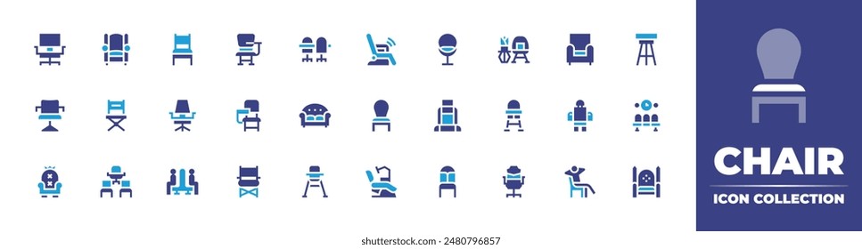 Chair icon collection. Duotone color. Vector illustration. Containing chair, deskchair, salonchair, directorchair, armchair, meeting, throne.