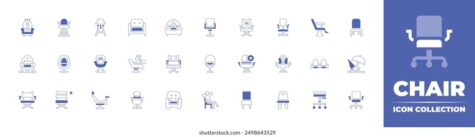 Chair icon collection. Duotone style line stroke and bold. Vector illustration. Containing queen, chair, directorschair, babychair, gynecologicalchair, lifeguardchair, throne.