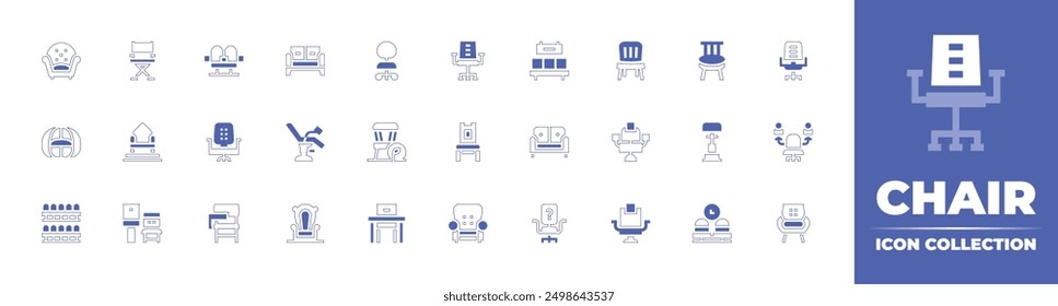 Chair icon collection. Duotone style line stroke and bold. Vector illustration. Containing directorchair, chairs, gamingchair, chair, throne, armchair, peopleless, stands, beanbag.