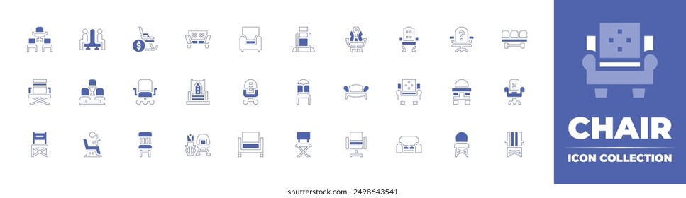 Chair icon collection. Duotone style line stroke and bold. Vector illustration. Containing chair, directorchair, seat, retirement, officechair, dentistchair, director, armchair, meeting, throne.