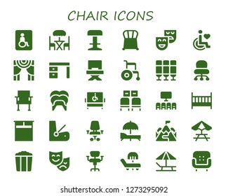 chair icon set. 30 filled chair icons. Simple modern icons about  - Wheelchairs, Terrace, Stool, Chair, Theatre, Disability, Theater, Desk, Director, Wheelchair, Seat, Desk chair
