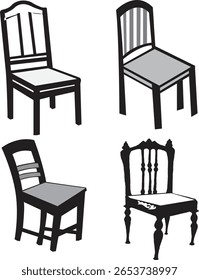 Chair icon set, black vector silhouettes of various modern and vintage chair styles for furniture and decor design